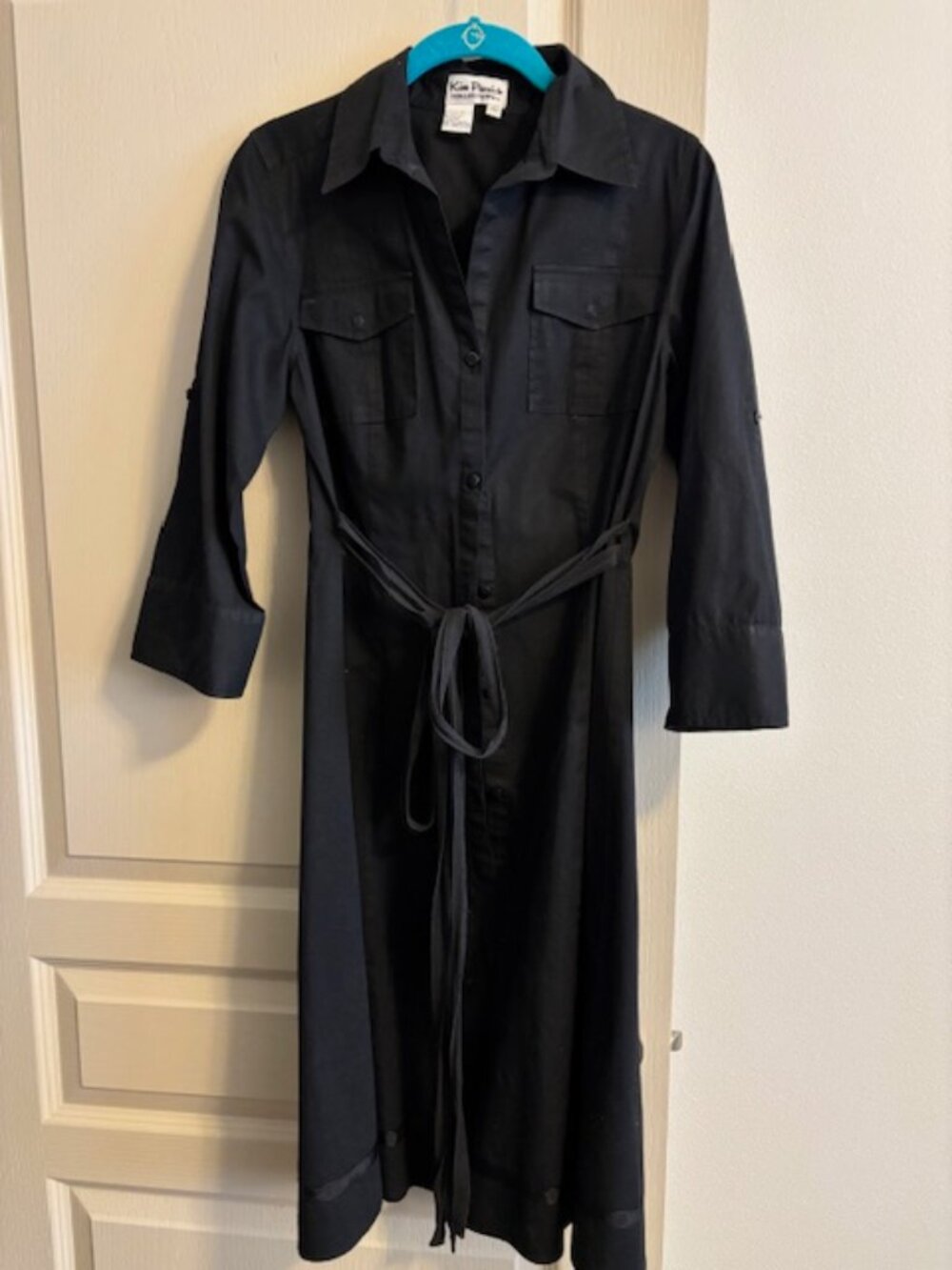 Kim Parrish Collections Women's XS Black Shirtdress Self-Tie Button 3/4 Sleeve